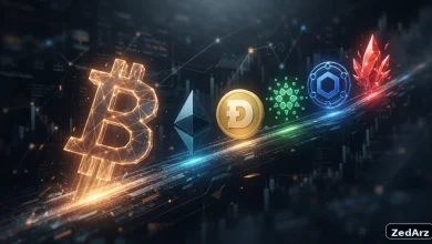 تصویر شاخص پنج ارز دیجیتال جامانده از بیت کوین شامل اتریوم دوج کوین کاردانو چین لینک و آوالانچ