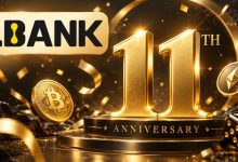 تصویر جشن یازدهمین سالگرد صرافی ال‌بانک با لوگوی LBank و نمادهای بیت‌کوین و اتریوم