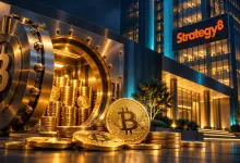 تصویر مفهومی خزانه بیتکوین شرکت استراتژی با سکههای طلایی و نشان Strategy
