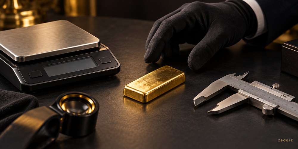 تصویر مفهومی کنترل وزن و ابعاد شمش طلا با ترازو و کولیس