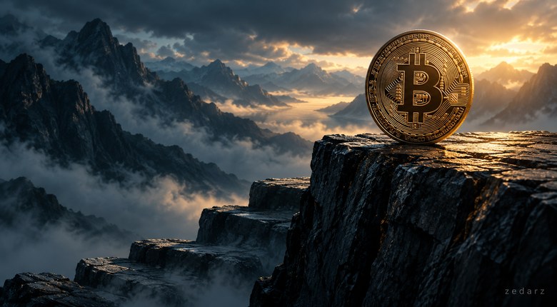 تصویر مفهومی بیت کوین روی لبه سنگی؛ بازگشت قیمت پس از افت