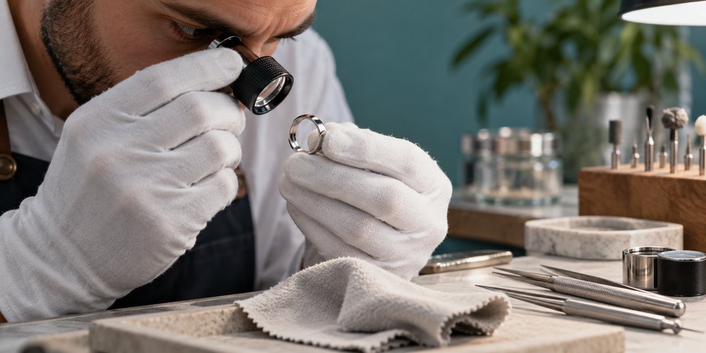تصویر مفهومی بررسی حلقه طلای سفید توسط جواهرساز