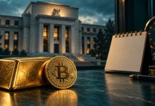 تصویر مفهومی طلا و بیت کوین در کنار تقویم تصمیم فدرال رزرو