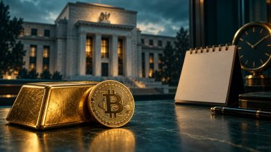 تصویر مفهومی طلا و بیت کوین در کنار تقویم تصمیم فدرال رزرو