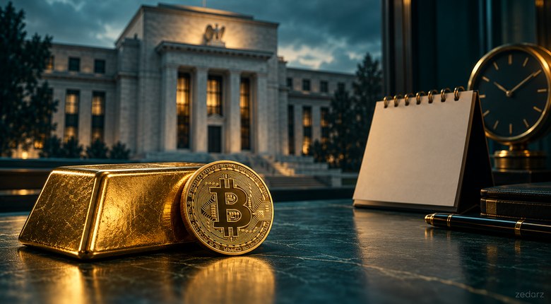 تصویر مفهومی طلا و بیت کوین در کنار تقویم تصمیم فدرال رزرو