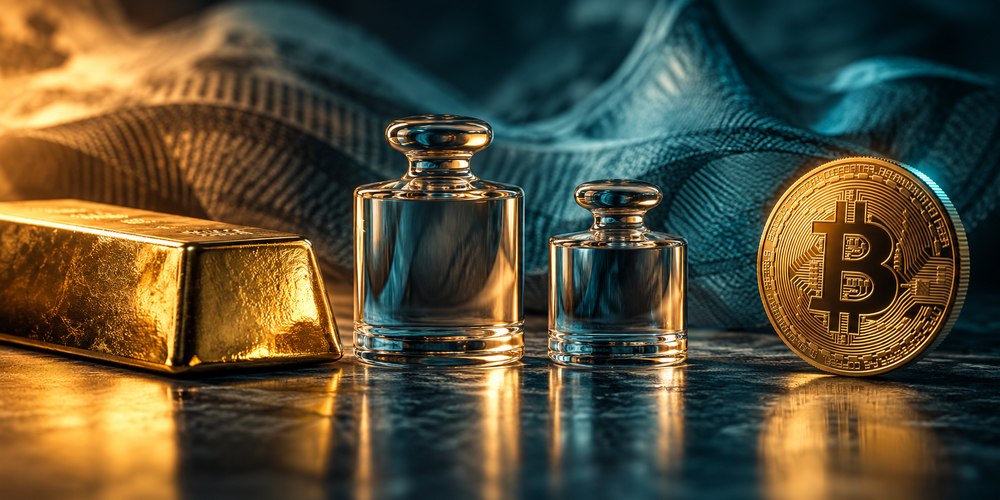تصویر مفهومی تفاوت واکنش طلا و بیت کوین به نرخ بهره و وضعیت دلار