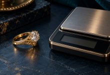 انگشتر طلای نگین‌دار کنار ترازوی بدون عدد؛ تصویر مفهومی وزن کل و وزن طلا