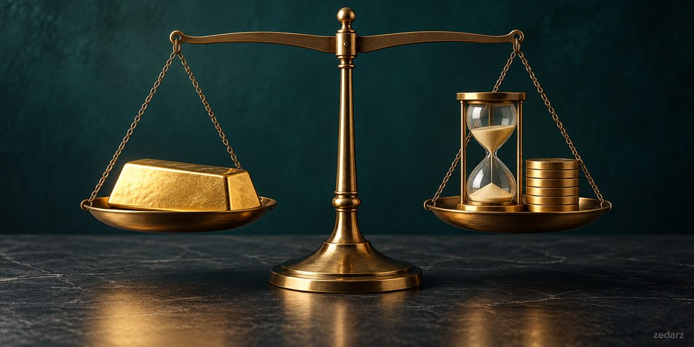 تصویر مفهومی شمش طلا، ساعت شنی و هزینه فرصت نگهداری پول