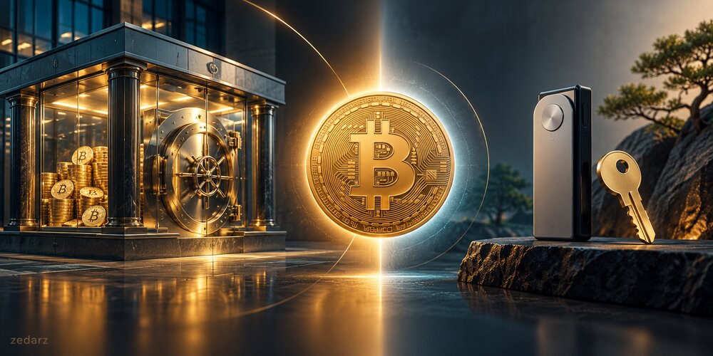 تصویر مفهومی تفاوت نگهداری بیتکوین در صندوق و کیف پول شخصی