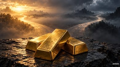 تصویر مفهومی شمش طلا و دو مسیر متفاوت برای چشم‌انداز قیمت