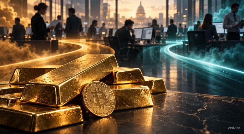 نمای مفهومی طلا و بیت‌کوین در برابر داده‌های بازار کار آمریکا